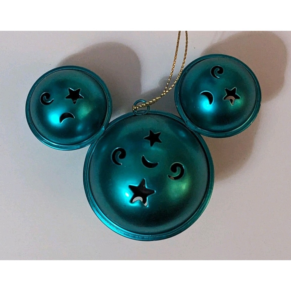 Disney Parks 5" Mickey Ears Christmas Ornament Jingle Bell Teal Metal Magic